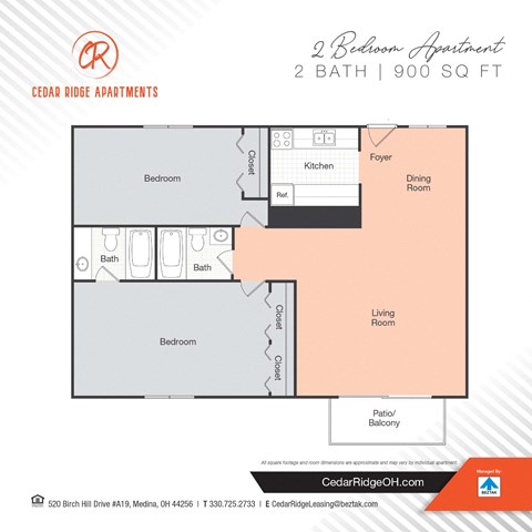 Floor plan for 2 beds, 2 baths, 1000 sqft